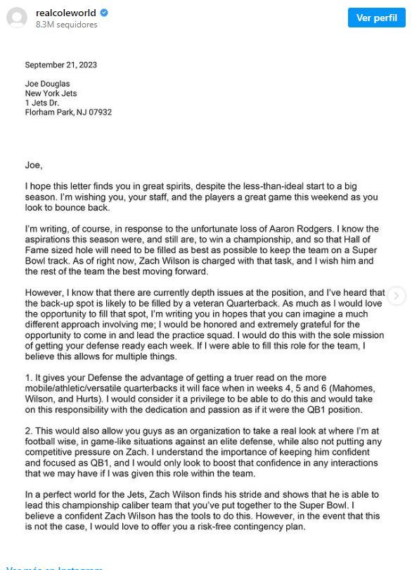 Colin Kaepernick manda una carta a los Jets para volver a la NFL