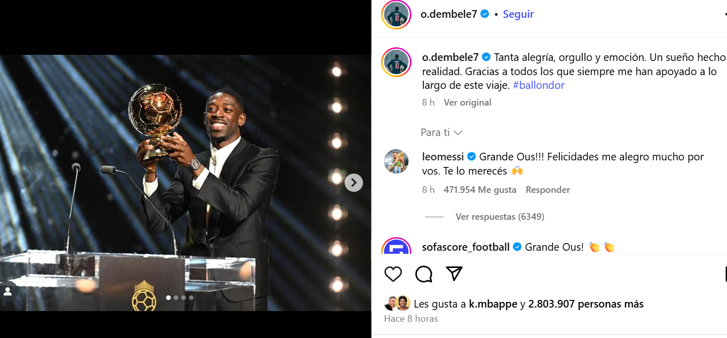 Lionel Messi congratulates Dembele. 